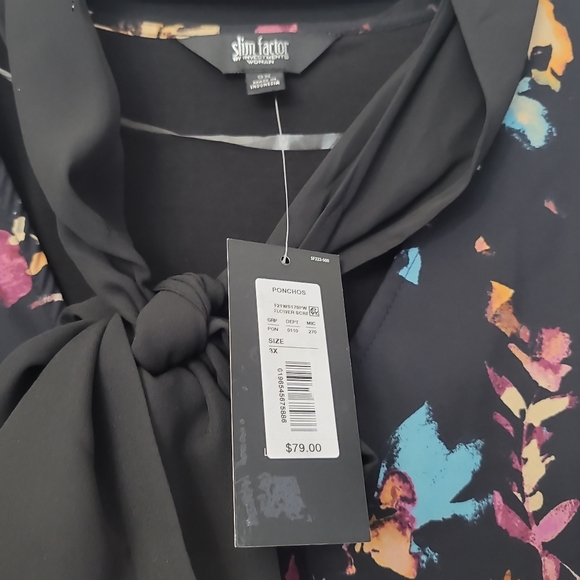 Slim Factor By Investments Floral Print Short Sleeve V-Neck Tie Layer Poncho Top - Picture 6 of 11